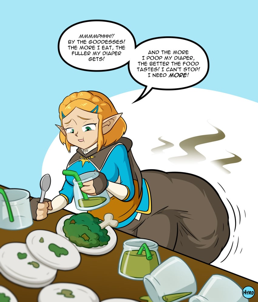 1girls blonde_hair diaper diaper_under_clothing eating female fully_clothed hyrosdiaperdivas light_skin princess_zelda scat scat shit shit shitting simple_background soiling soiling_diaper speech_bubble spoon stinky tears_of_the_kingdom the_legend_of_zelda