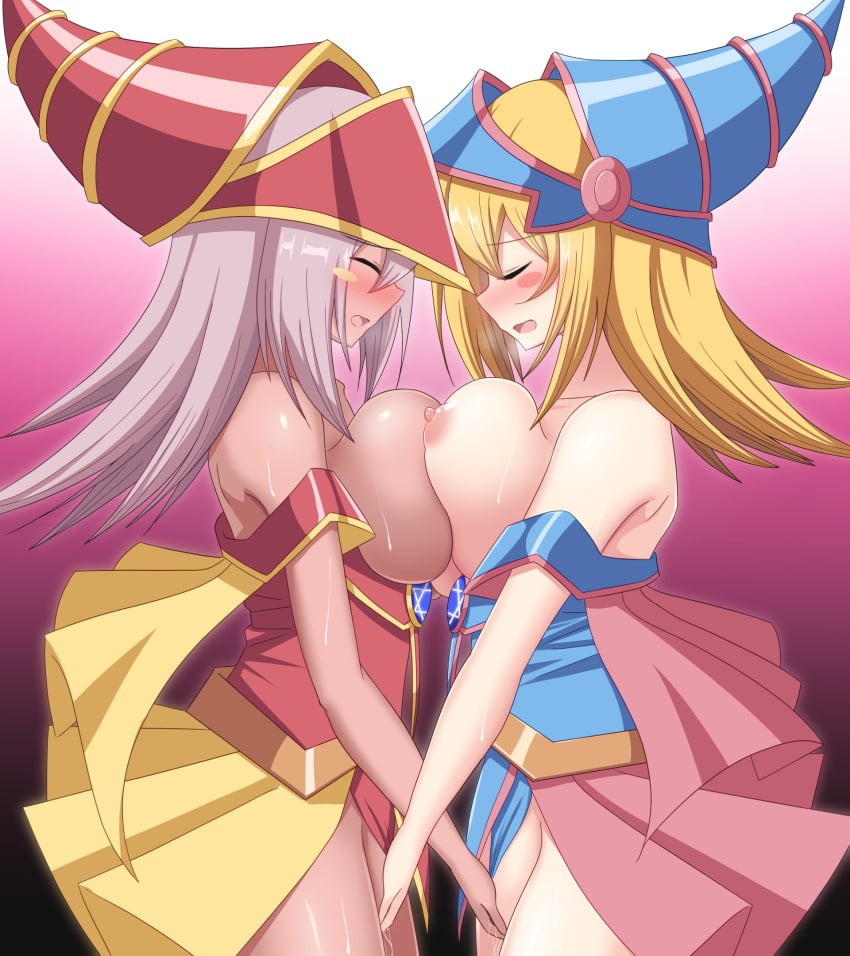 2girls after_sex blonde_hair blush blush_stickers breast_fight breast_press breasts breasts_out breath catfight closed_eyes clothed_sex dark-skinned_female dark_magician_girl dark_skin dual_persona duel_monster fingering fingering_each_other grey_hair hexagram highres huge_breasts long_hair multiple_girls nipples open_mouth paradox_1818 selfcest sex_fight standing star_of_david sweat symmetrical_docking tagme trembling vaginal_penetration yu-gi-oh! yuri