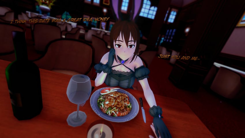 1boy 1girls brown_eyes brown_hair bunny_ears bunny_girl clothed_female date dress faceless_male faunus food indrick_[artist] pov restaurant rwby velvet_scarlatina