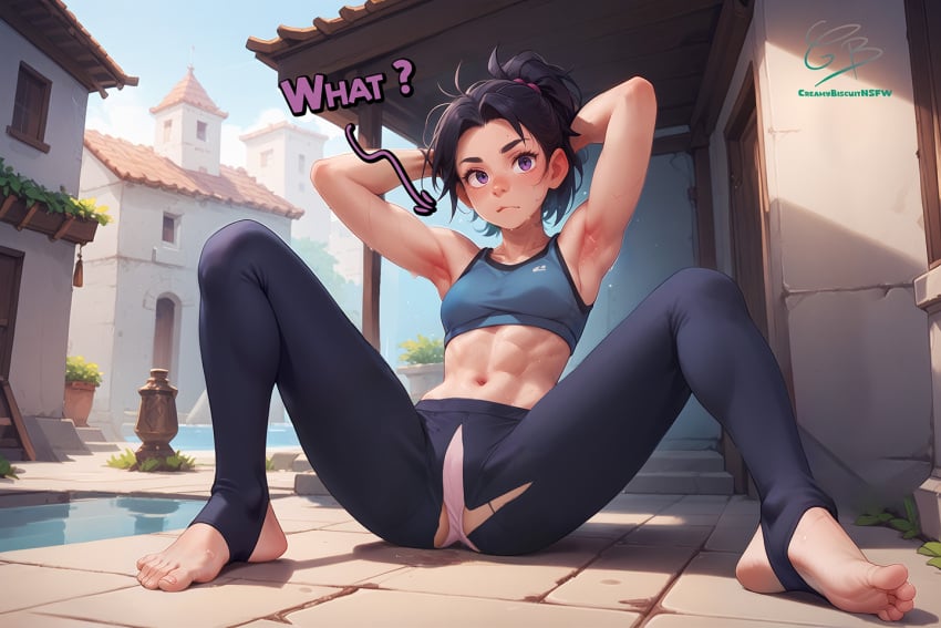 abs ai_assisted armpits arms_behind_head arms_up barefoot black_hair breasts creamybiscuit feet leggings navel panties ponytail purple_eyes short_hair sports_bra spread_legs stirrup_legwear sweat toeless_legwear toes toned underwear