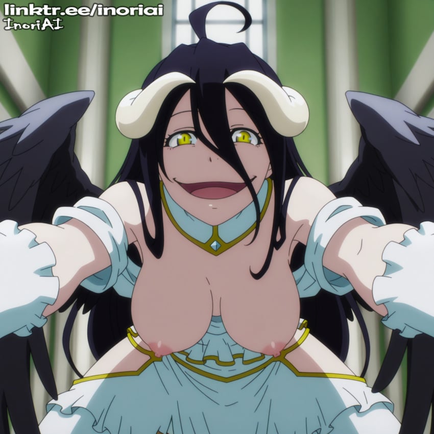 ai_generated albedo_(overlord) from_below grin horns inoriai overlord overlord_(maruyama) white_dress wings
