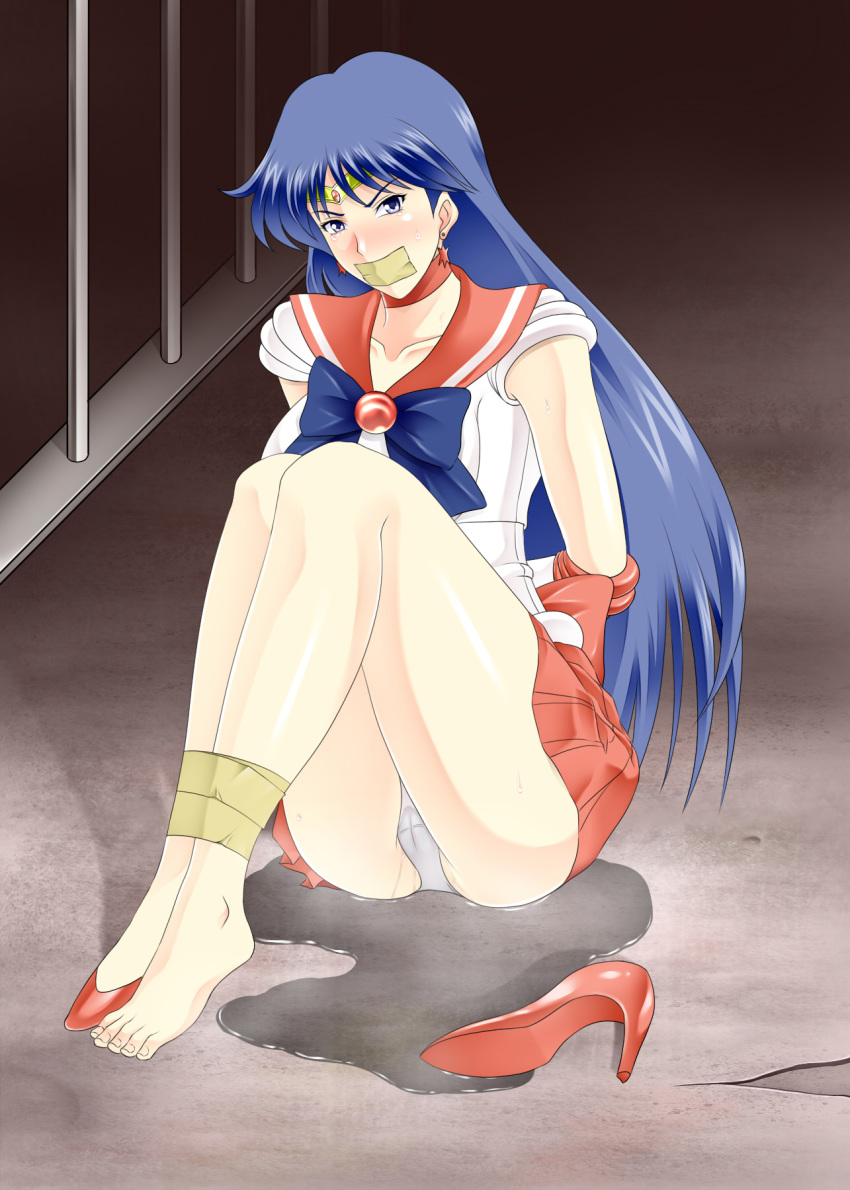 arms_behind_back bishoujo_senshi_sailor_moon blue_eyes blue_hair blush breasts cameltoe choker clothing crying earrings feet feet_tied female gag gagged heels heels_removed high_heels high_heels_removed highres kamo_(nobuhide19790717) large_breasts legs leotard long_hair looking_at_viewer one_shoe one_shoe_on panties peeing piss pussy_juice red_skirt rei_hino restrained sailor_collar sailor_mars shoes_removed single_heel single_shoe sitting skirt solo tape_gag thighs tiara toes underwear uniform wet white_panties