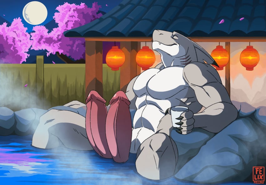 2_penises anthro claws closed_eyes diphallia diphallism diverzard felixfellow fish genitals hi_res horizontal_diphallism hot_spring male marine multi_genitalia multi_penis muscular onsen partially_submerged penis shark smile solo water