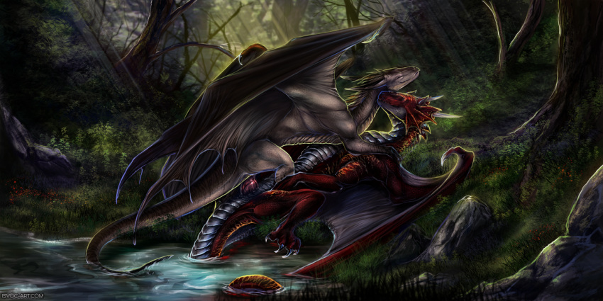 day detailed_background dragon duo female grass horn isvoc lying male membranous_wings nude on_back outside penetration red_scales scales scalie sex straight vaginal_penetration water western_dragon wings