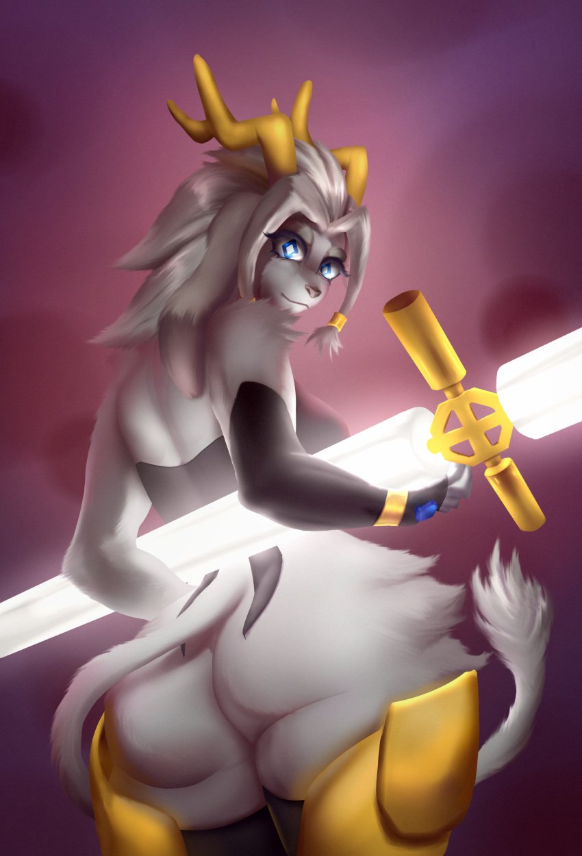 absurd_res anthro antlers ass blue_eyes bovid caprine clothed clothing digital_media_(artwork) female fur goat grey_body grey_fur hair hi_res horn lagomorph leporid looking_at_viewer mammal pseudoregalia rabbit sataantoris simple_background solo sybil_(pseudoregalia) tail wide_hips