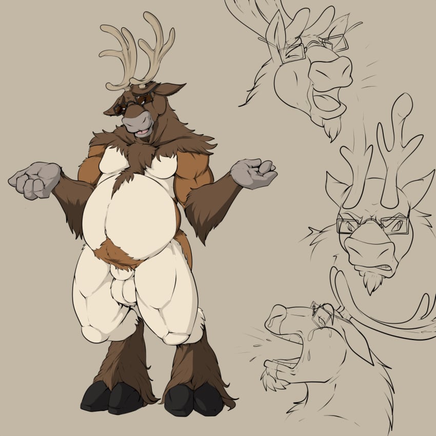 angry animal_genitalia anthro antlers balls bodily_fluids brown_body brown_fur clenched_teeth crying deer eyewear fur genitals gesture glasses happy hi_res hooves horn male male_only mammal new_world_deer open_mouth pandottermon reindeer sad samson_baxter_(pandottermon) sheath shrug smile solo tears teeth tongue yelling