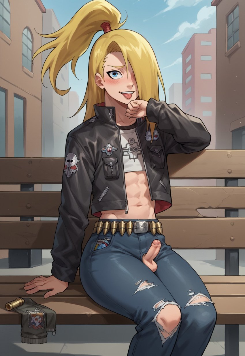 1boy ai_generated bench big_butt blonde_hair blue_eyes blush deidara femboy femboy_focus fishnets goth jeans leather leather_jacket male male_only naruto naruto_(series) penis pleasure_face ripped_clothing sissy sitting smile solo solo_focus thighs_waist