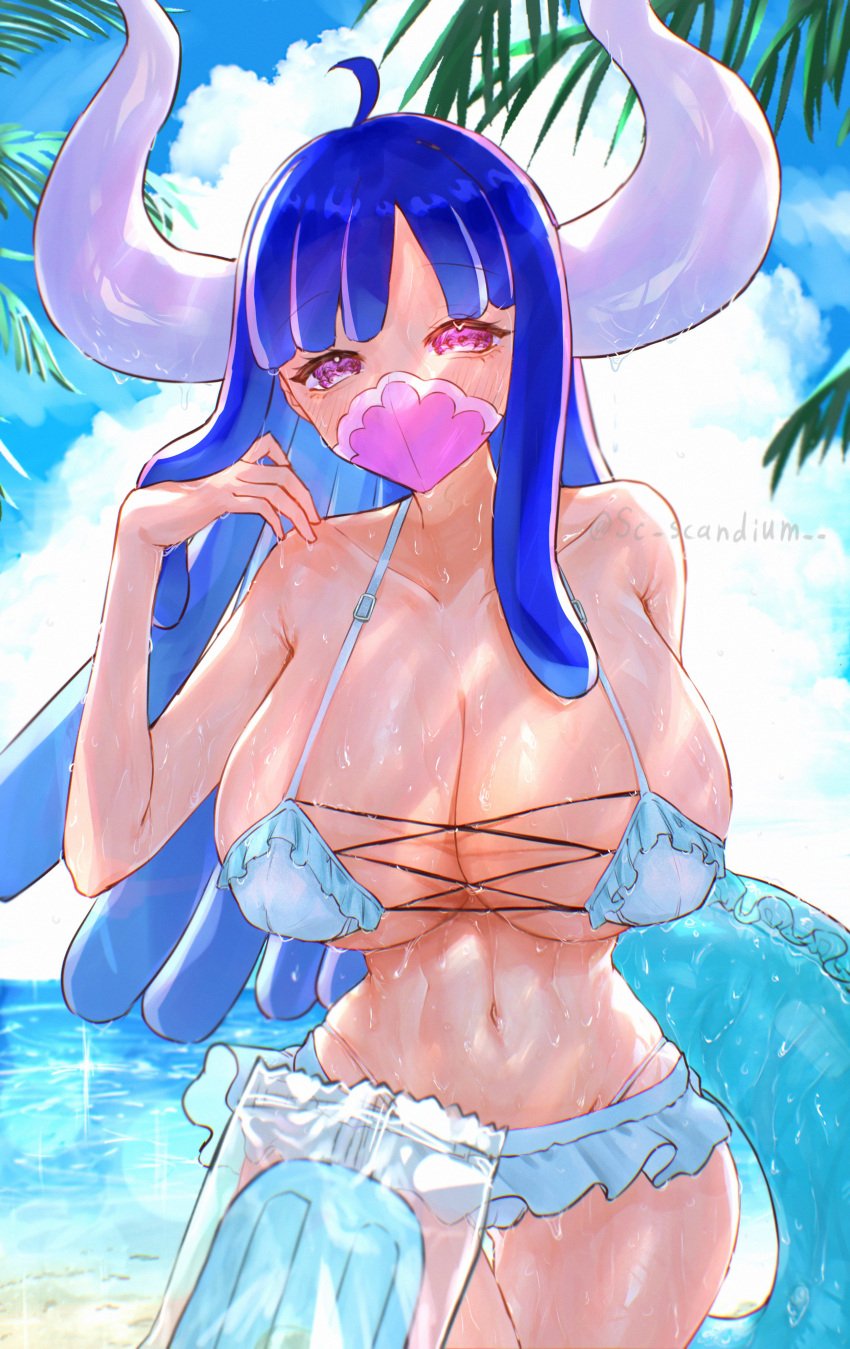 1girls artist_name bangs bare_arms bare_legs bare_thighs beach big_breasts bikini bikini_bottom bikini_top blue_hair blush breasts breasts_bigger_than_head cleavage cloud curvaceous curvy curvy_female curvy_figure face_mask facing_viewer female female_focus female_only fit fit_female heart-shaped_pupils horns hourglass_figure huge_breasts large_breasts light-skinned_female light_skin long_hair looking_at_viewer mask midriff navel ocean one_piece pink_hair pool_ring popsicle sc_scandium slim_waist solo thick_thighs thigh_gap thighs thin_waist ulti_(one_piece) water wet wet_body wide_hips