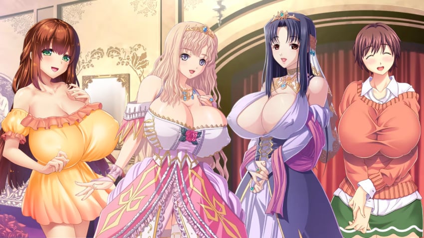 1boy 1boys 4girls bare_shoulders blonde_hair_female blue_hair breasts brown_hair brown_hair_female cleavage clothed_female clothed_male clothed_male_clothed_female covered_nipples crown dark_blue_hair edit edited female female_only fukunaga_koharu game_cg gigantic_breasts huge_breasts hyper_breasts kyonyuu_fantasy kyonyuu_fantasy_gaiden kyonyuu_fantasy_gaiden_2 kyonyuu_reijou_mc_gakuen long_hair luceria_von_diamante lune maou_ga_gendai_sekai_ni_tensei_shitara_oppai_o_medenakute_wa_naranaku_natta_ken married_woman massive_breasts mature_female mirror multiple_girls nipples_visible_through_clothing older_sister platinum_blonde_hair princess queen red_hair rokusaanu_do_dejiiru schoolgirl short_hair tiara waffle yawato_iroha