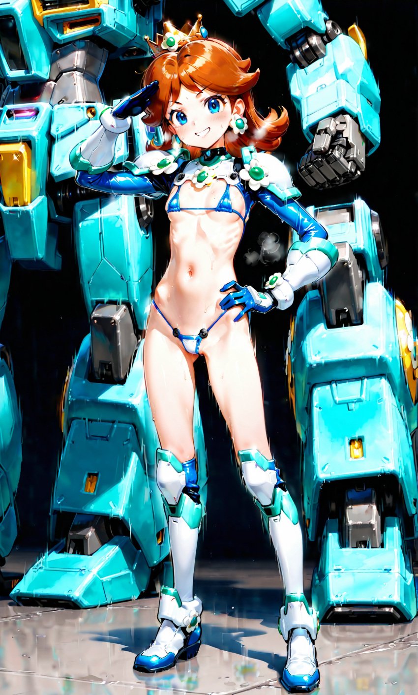 ai-generated ai_generated breasts confident heroic highres mario_(series) mecha mechabare non-web_source pilot princess_daisy robot salute smile sweat