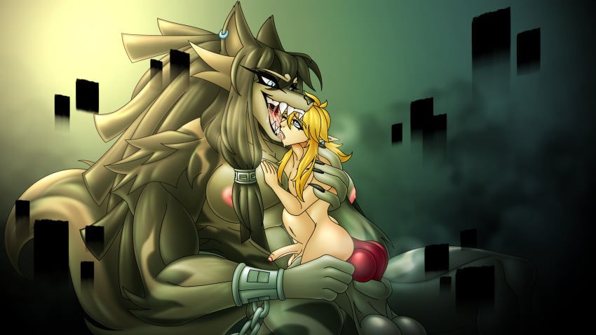 absurd_res ahegarou animal_genitalia animal_penis anthro anthro_penetrating anthro_penetrating_human big_dom_small_sub blonde_hair blue_eyes bodily_fluids breath_of_the_wild canine_genitalia canine_penis dominant drooling duo ear_piercing ear_ring extreme_french_kiss femboy french_kissing genitals hair hi_res human human_on_anthro human_penetrated humanoid hyper interspecies kissing knot link long_hair male male/male mammal muscular neck_bulge nintendo pecs penetration penis piercing ponytail ring_piercing saliva sex sharp_teeth size_difference stomach_bulge teeth the_legend_of_zelda twilight_princess wolf_link