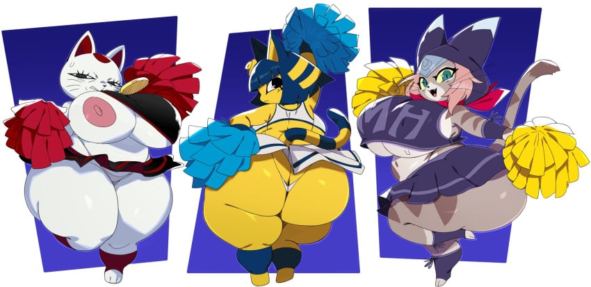 1girls 3_fingers 3_toes 3girls :< animal_crossing ankha ankha_(animal_crossing) anthro areola ass big_breasts blue_eyeshadow blue_hair blush breasts breasts_bigger_than_head cheerleader cheerleader_uniform claws dandadan digital_media_(artwork) domestic_cat eyeshadow feline felis felyne female female_only frown fur furry furry_only glitchlord8391 hair huge_ass huge_breasts monster_hunter multiple_girls navel nintendo nipple_slip nipples pink_areola pink_nipples pom_poms pussy shortstack solo solo_female standing tagme tail thick_thighs tsukino_(monster_hunter_stories) turbo_granny_(dandadan) yellow_body yellow_fur