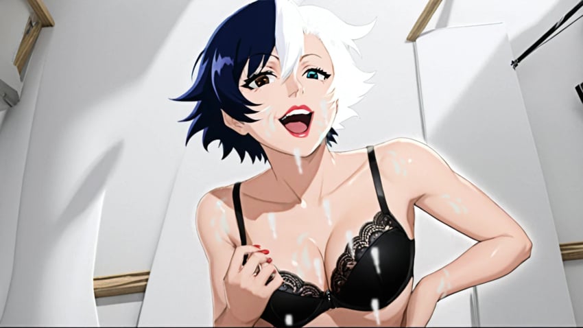 3d_render ai_generated black_bra black_hair brown_eyes cum looking_at_viewer luna_snow luna_snow_(marvel_rivals) marvel marvel_comics marvel_rivals open_mouth red_lipstick smiling sweatdrop teal_eyes webart20 white_hair