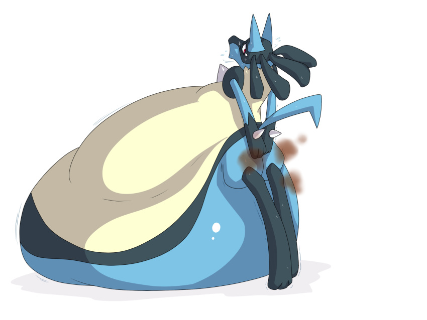 2014 ambiguous_gender dlrowdog fart looking_back lucario nintendo overweight pokemon pokemon_(species) red_eyes simple_background sweat video_games white_background