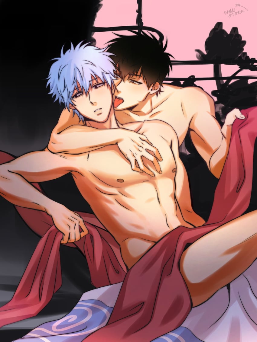 2boys black_hair canonical_scene convenient_censoring gay gintama gintoki_sakata hijikata_toshiro licking male male_only nude nyuustarr screencap_redraw sitting toned toned_male tongue_out white_hair yaoi