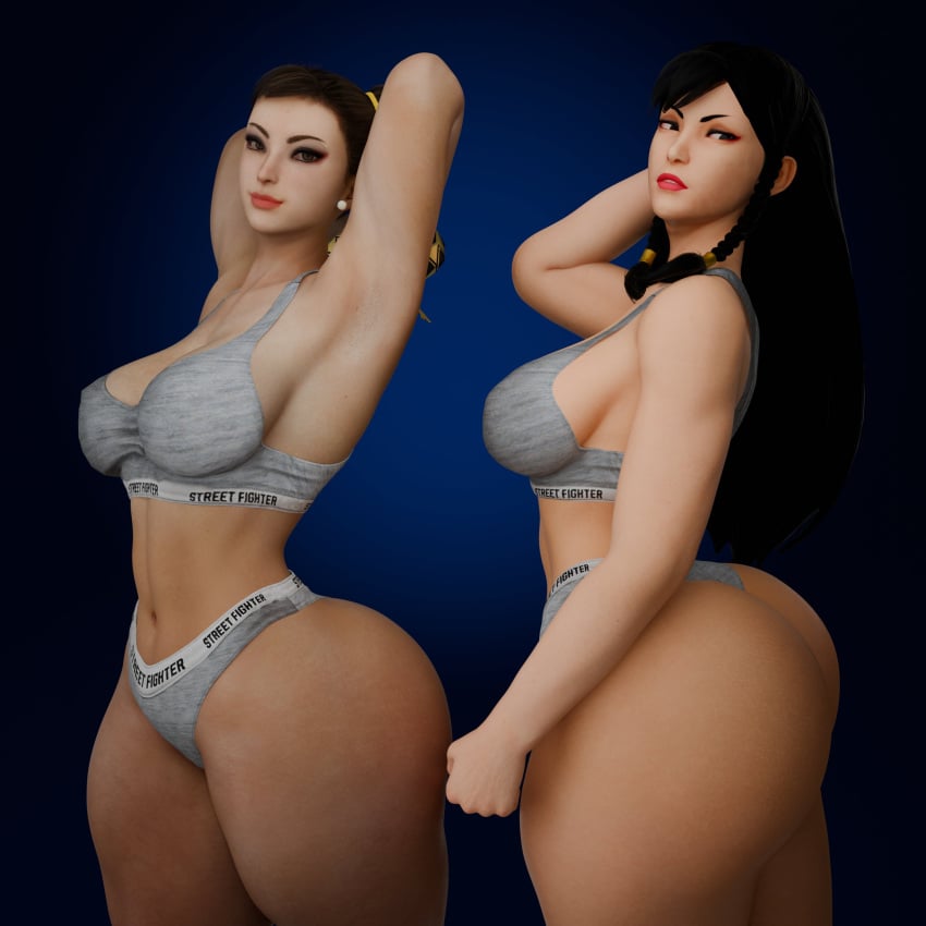 2girls 3d 3d_(artwork) absurd_res alternate_hairstyle asian asian_female ass big_breasts bra breasts brown_hair cameltoe capcom chun-li cpt-flapjack curvaceous erect_nipples female female_focus female_only hard_nipples lieutenant_flapjack long_hair muscular muscular_arms muscular_female panties solo solo_female solo_focus sportswear street_fighter street_fighter_6 street_fighter_v thick_thighs thighs wide_hips