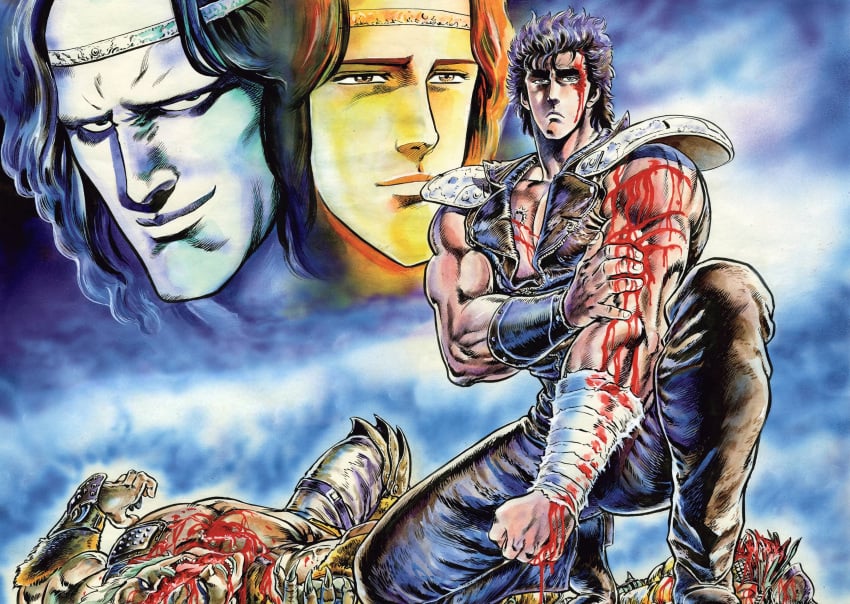 5boys absurdres amiba bandages black_hair blood blood_on_arm blood_on_face corpse denim guro hara_tetsuo headband highres hokuto_no_ken jacket jeans kenshiro multiple_boys muscular muscular_male official_art on_one_knee pants scar shoulder_pads toki_(hokuto_no_ken) wristband