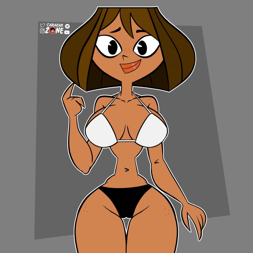 1girls big_breasts bikini black_body carazar_zone courtney_(tdi) pac-man_eyes smile solo_female thin_waist total_drama_island