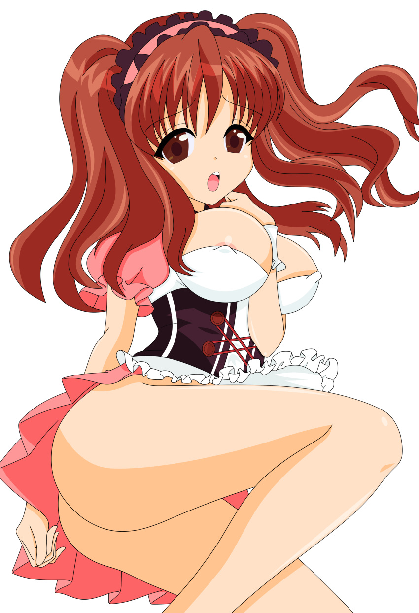 1girls absurdres all_fours asahina_mikuru breasts brown_eyes brown_hair busakumas cosplay dress female highres large_breasts legs long_hair maid miniskirt open_mouth short_dress short_twintails shy skirt suzumiya_haruhi_no_yuuutsu thighs tied_hair twintails vector_trace waitress