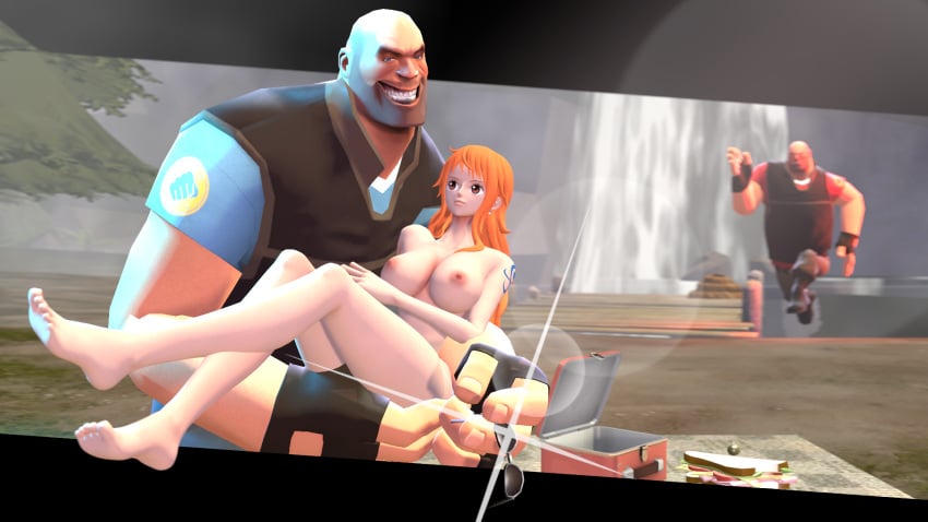 1girls 2boys artist_name ass big_breasts bigger_male blue_eyes breasts brown_eyes female female_on_hands female_on_human glasses glasses_off hand_on_ass hand_on_butt heavy_(team_fortress_2) human humanoid_genitalia large_breasts legs legs_together looking_at_viewer male male_running naked naked_female nami_(one_piece) nipples nude on_hands one_piece orange_hair picnic pootis_engage running senyornosok sfm smaller_female tattoo tattoo_on_arm tattooed_arm team_fortress team_fortress_2 white_skin