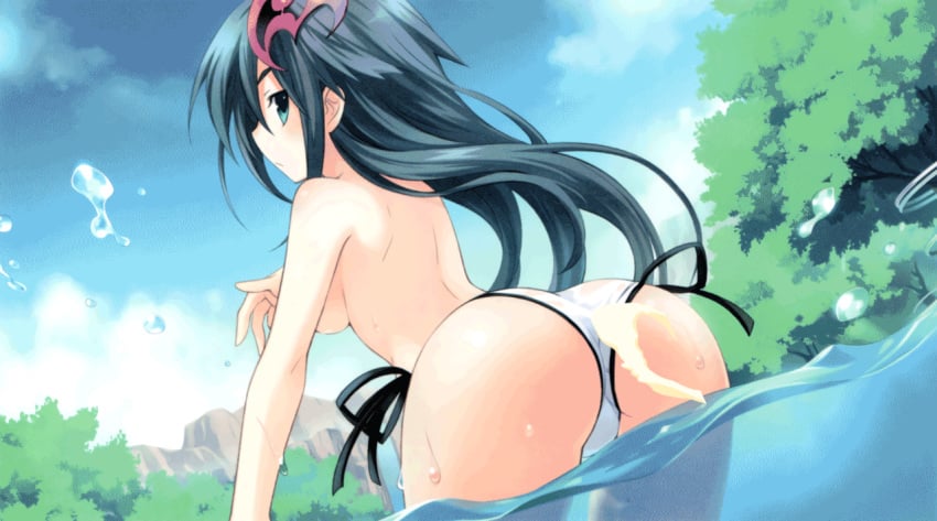 16:9 animated ass bikini bikini_pull black_hair blush breasts cum cum_on_ass cum_on_lower_body dat_ass embarrassed game_cg hair_ornament neptunia_(series) nitroplus_(neptunia) photoshop side-tie_bikini sideboob sweatdrop swimsuit topless tsunako water