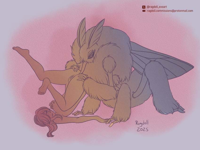 anal anal_licking anthro anthro_on_human cryptid insect_humanoid interspecies licking_ass male/female male_anthro/female_human moth_humanoid mothman ragdoll_exoart(artist) taur