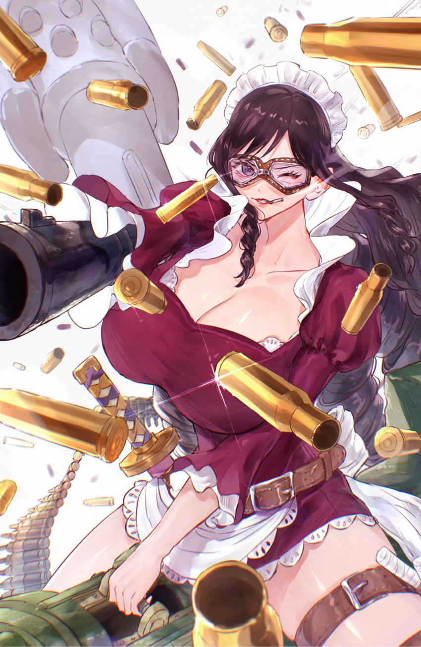 1girls artist_name baby_5 big_breasts black_hair breasts bullet_casings cigarette cigarette_in_mouth cleavage clothed clothing curvaceous curvy curvy_female curvy_figure female female_focus female_only goggles hourglass_figure huge_breasts large_breasts legs_apart light-skinned_female light_skin long_hair looking_at_viewer maid maid_headdress maid_uniform one_eye_closed one_piece purple_eyes sc_scandium simple_background slim_waist solo sword thick_thighs thigh_strap thighs thin_waist white_background wide_hips