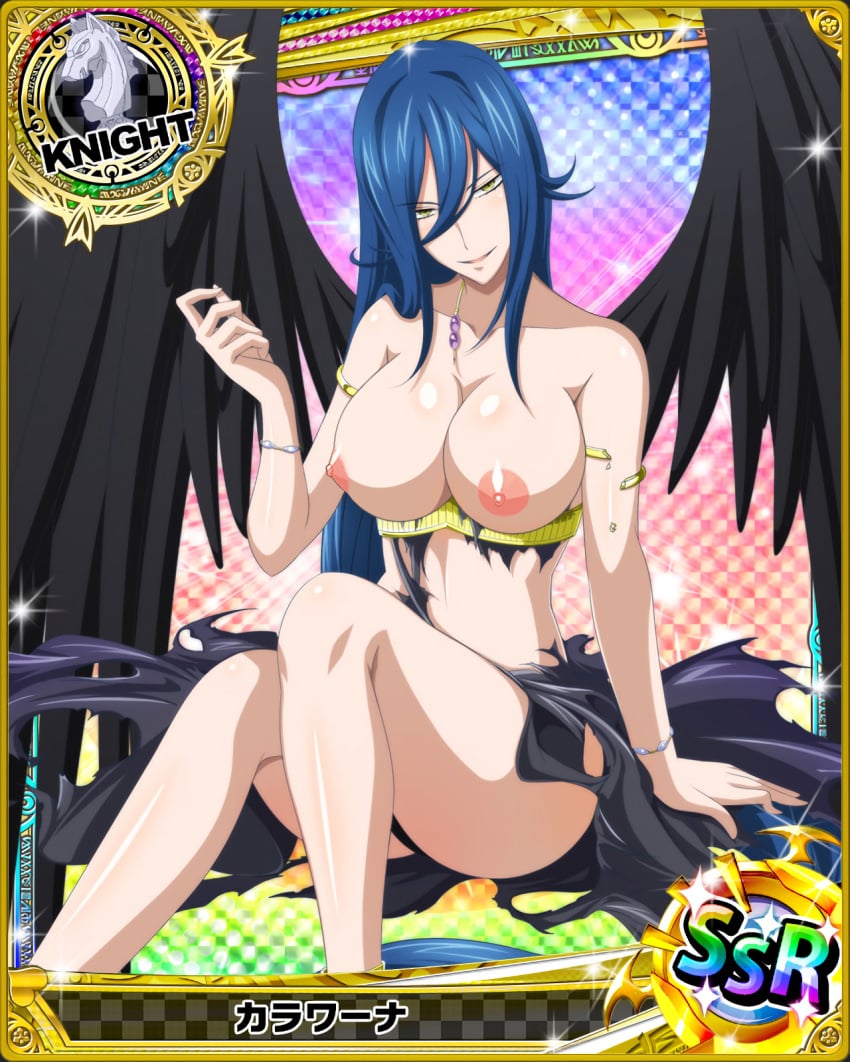 big_breasts black_panties blue_hair breasts breasts_exposed breasts_out card_(medium) erect_nipples high_school_dxd jewelry kalawarner long_hair looking_at_viewer nipples photoshop puffy_nipples sitting topless wings yellow_eyes