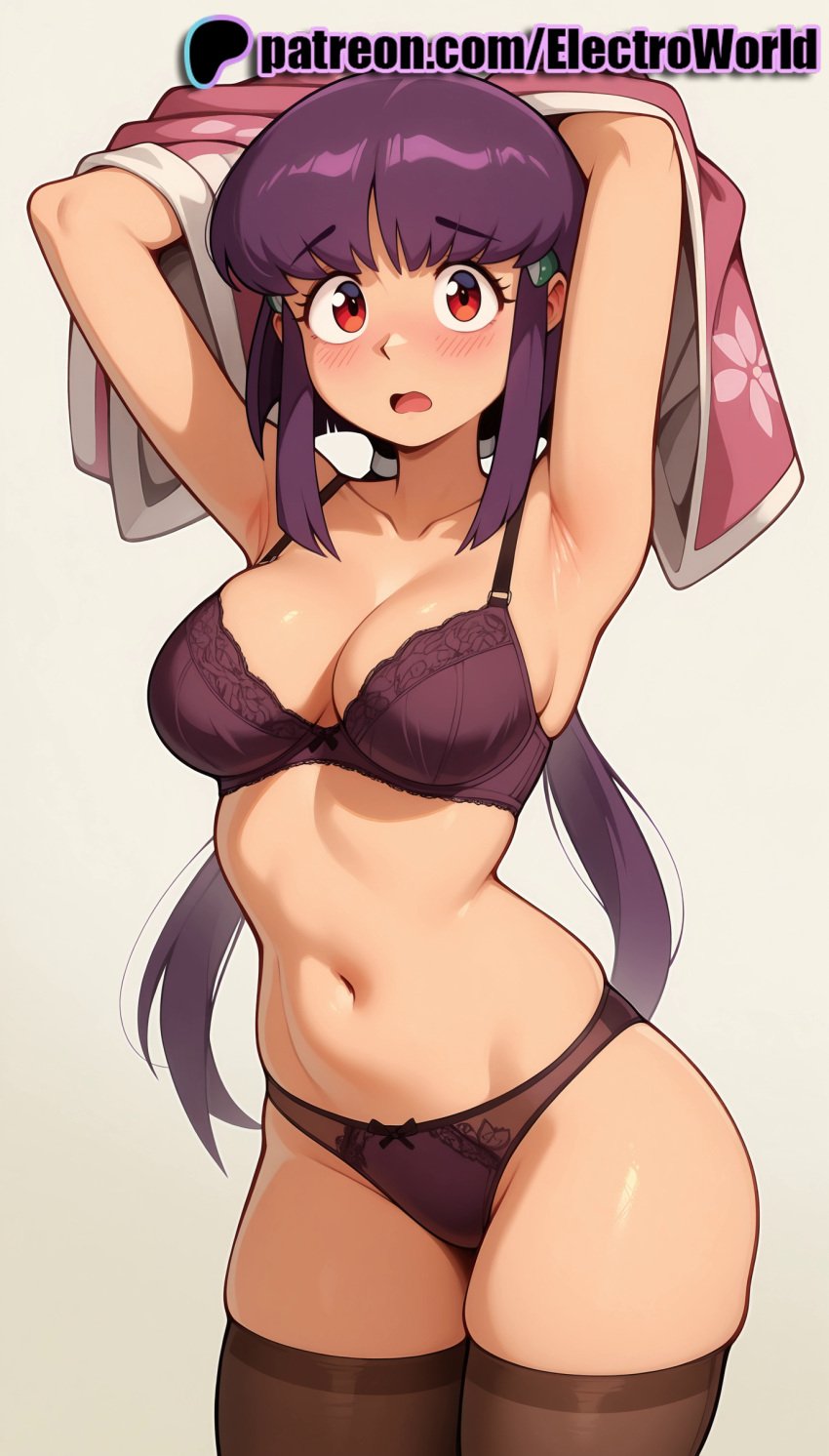 1girls 2025 ai ai_assisted ai_generated anime anime_girl anime_style armpits arms_up artist_name average_breasts ayeka_masaki_jurai bangs blush bra breast breasts breasts breasts brown_legwear bust chest electroworld eyebrows_visible_through_hair female gradient gradient_background hi_res high_quality high_resolution highres long_hair looking_at_viewer medium_boobs medium_breasts navel normal_boobs normal_breasts open_mouth open_shirt panties pantyhose patreon patreon_username ponytail purple_bra purple_hair purple_panties red_eyes skindentation solo stable_diffusion tenchi_muyo! thick_thighs thighs underwear undressing watermark wide_hips