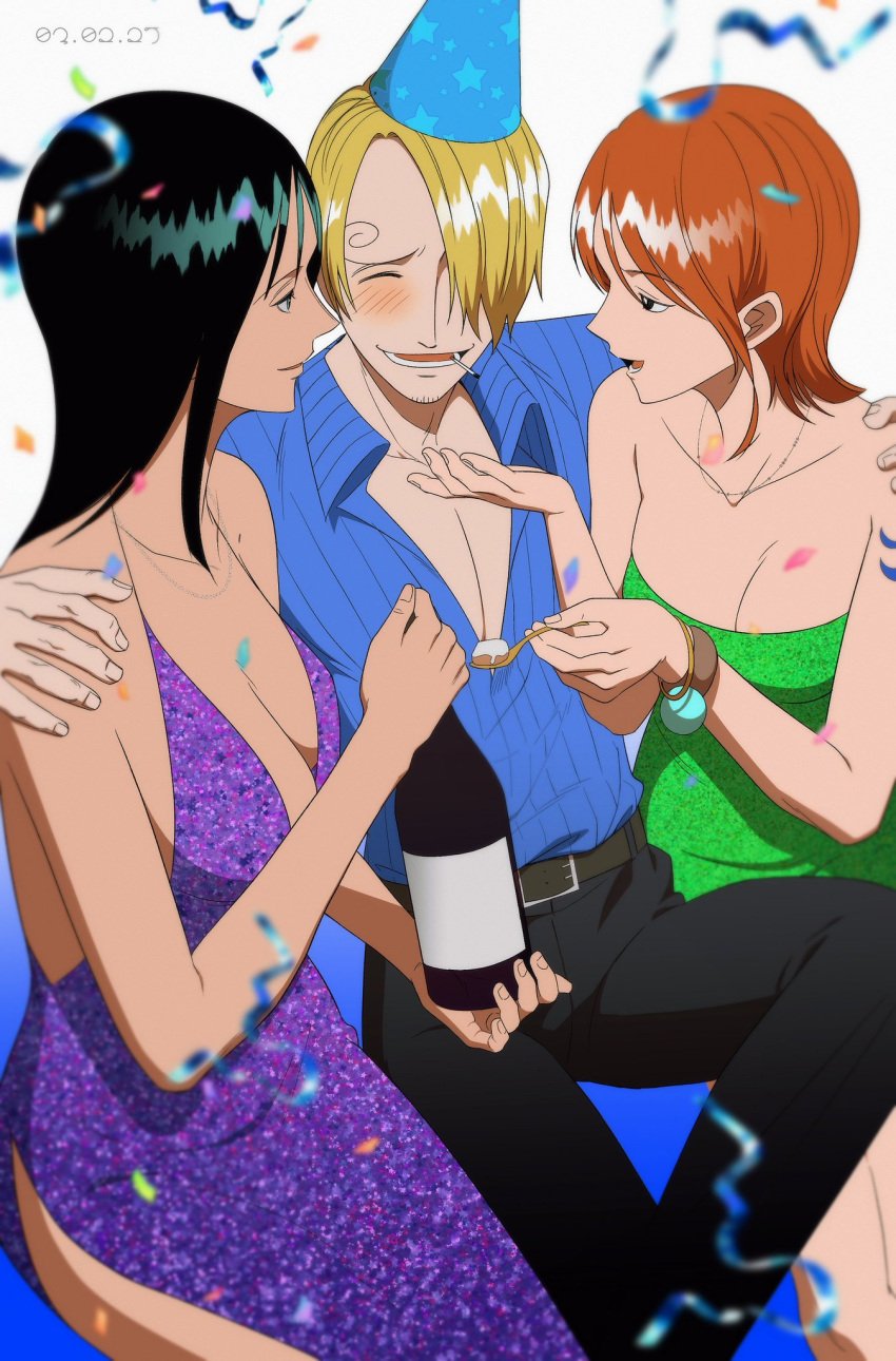 1boy 2girls alcohol big_breasts black_hair black_pants blonde_hair blue_shirt blush breasts clothing dress female green_dress happy_birthday male nami nami_(one_piece) nico_robin one_piece orange_hair p5naq_pv purple_dress sanji shirt tan_skin vinsmoke_sanji