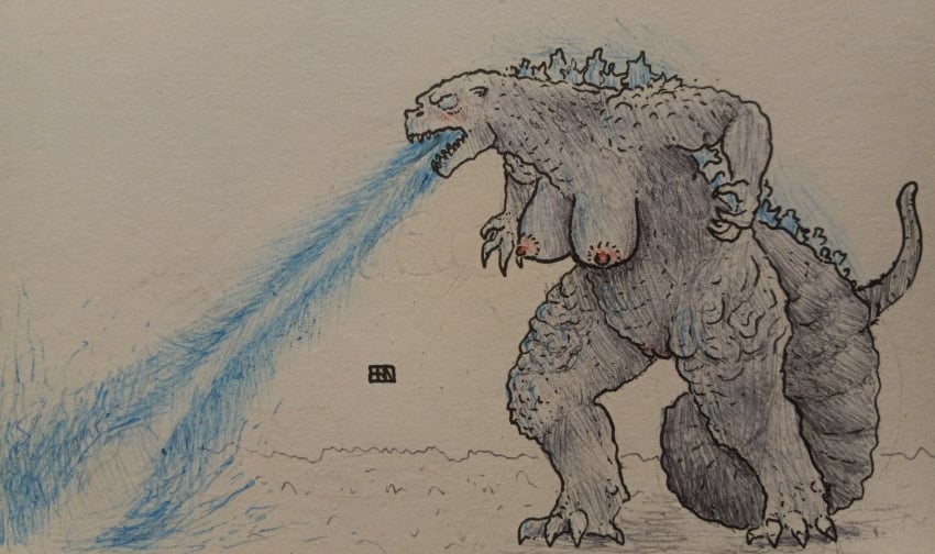 anthro atomic_breath benzoit breasts breath_powers female genitals glowing glowing_eyes godzilla godzilla_(series) hi_res kaiju nude pussy rule_63 scalie simple_background solo toho traditional_media_(artwork)