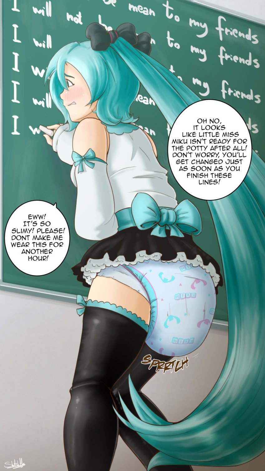 abdl blue_hair blush chalkboard diaper diaper_fetish embarrassed hatsune_miku long_hair soiling soiling_diaper speech_bubble vocaloid