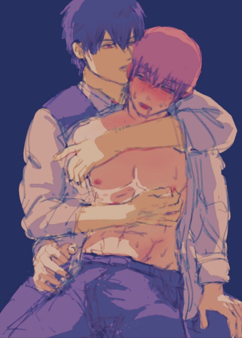 2boys black_hair blue_background blush brown_hair bulge drooling ear_bite ei_ogogz from_behind gay gintama hijikata_toshiro looking_pleasured male male_only nibbling nipple_pinch nipple_tweak okita_sougo open_shirt red_eyes shinsengumi_(gintama) sweat toned toned_male uniform yaoi