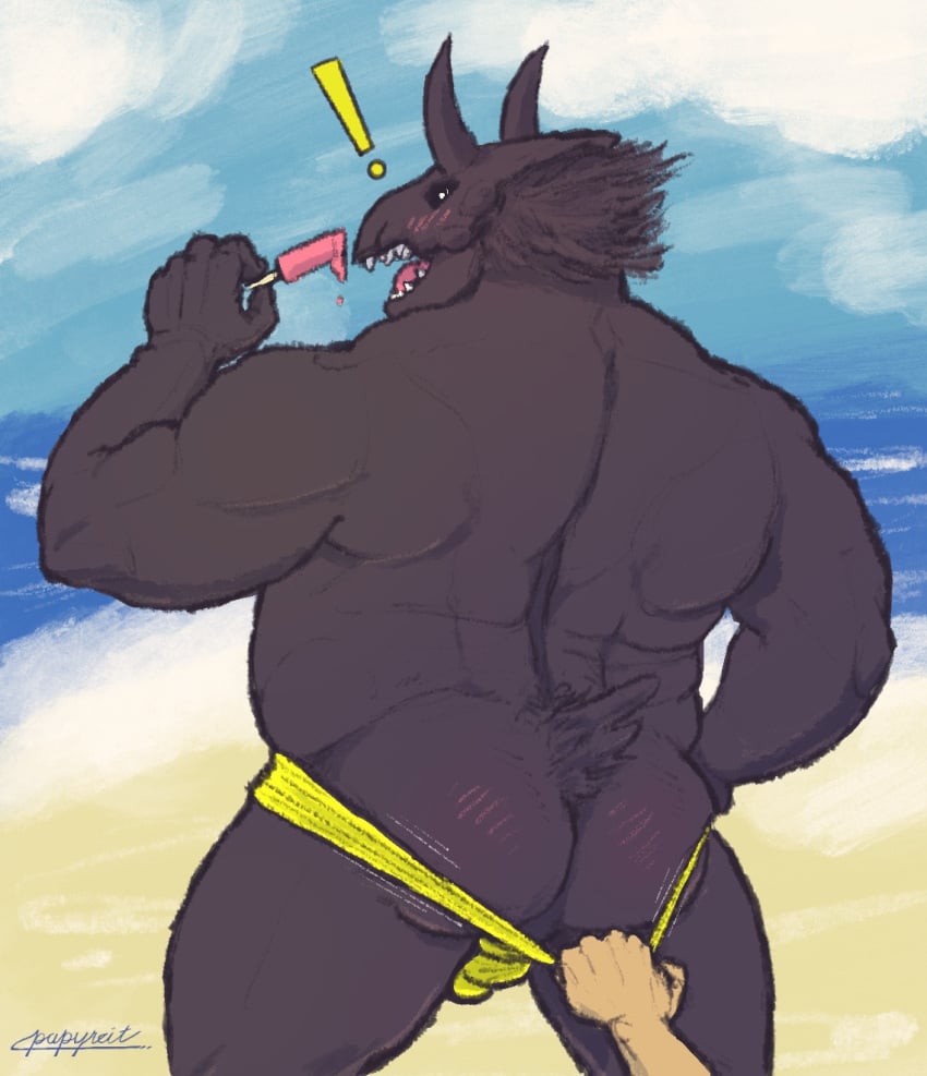 anthro ass balls_outline beach beak belly big_butt blush bulge cassius_(papyreit) clothing clothing_pull cloud demon dessert detailed_bulge embarrassed feather_tuft feathers food genital_outline hand_on_hip hi_res holding_food holding_ice_cream holding_object horn ice_cream male muscular muscular_anthro muscular_male open_mouth overweight overweight_anthro overweight_male papyreit penis_outline pinup pose pulling_down rear_view rosy_cheeks sand sea solo speedo standing summer surprised_expression swimwear swimwear_pull tail tail_feathers teeth tongue toothed_beak tuft water