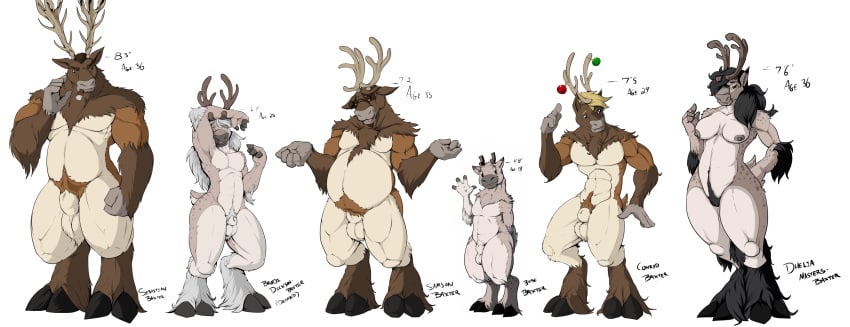 absurd_res animal_genitalia anthro antlers balls belly bibi_baxter_(pandottermon) big_belly black_body black_fur black_hair blonde_hair breasts brodi_dickson_(pandottermon) brown_body brown_fur brown_hair cigar cigar_in_mouth conrad_baxter_(pandottermon) deer dhelia_masters-baxter_(pandottermon) eyewear family_photo female fur genitals gesture glasses green_christmas_ornament grey_body grey_fur grey_hair group hair height height_comparison hi_res hooves horn larger_male long_hair male male_only mammal musclegut muscular new_world_deer nipples object_in_mouth pandottermon pussy red_christmas_ornament reindeer samson_baxter_(pandottermon) sebastian_baxter_(uncleseb) sheath short shrug size_difference waving waving_at_viewer