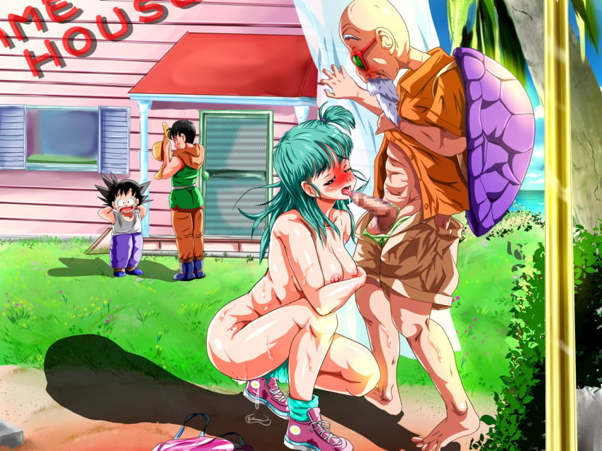 1girls 3boys age_difference areolae arms_behind_head arms_up bald barefoot beard black_hair blush boots breasts bulma_briefs caterwaul censored closed_eyes clothed_male_nude_female cuckold door dragon_ball dragon_ball_(classic) feet fellatio female full-face_blush grass green_hair hat highres large_breasts licking long_hair looking_down master_roshi mosaic_censoring multiple_boys nipples ocean old_man older_male older_man_and_teenage_girl open_mouth oral outdoors palm_tree penis pussy_juice shadow shorts side_ponytail sky sneakers socks son_goku son_goku_(young) squatting standing straight sunglasses sweat teenage_girl teenager toes unbuttoned unzipped water wet window yamcha younger_female