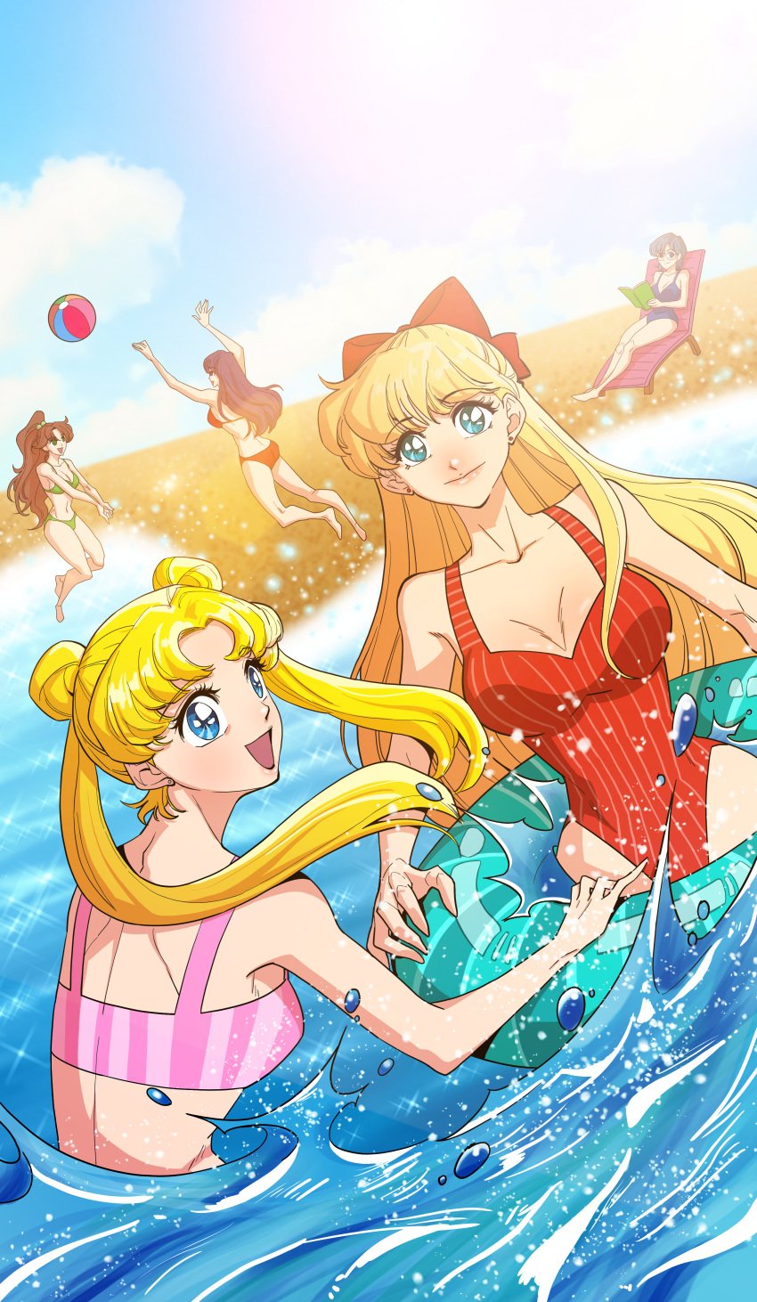 5girls alluring ami_mizuno beach big_breasts bikini bishoujo_senshi_sailor_moon black_hair blonde_hair blue_eyes blue_hair blue_sky brown_hair cleavage lcjapan2034 makoto_kino minako_aino ocean one-piece_bikini rei_hino usagi_tsukino