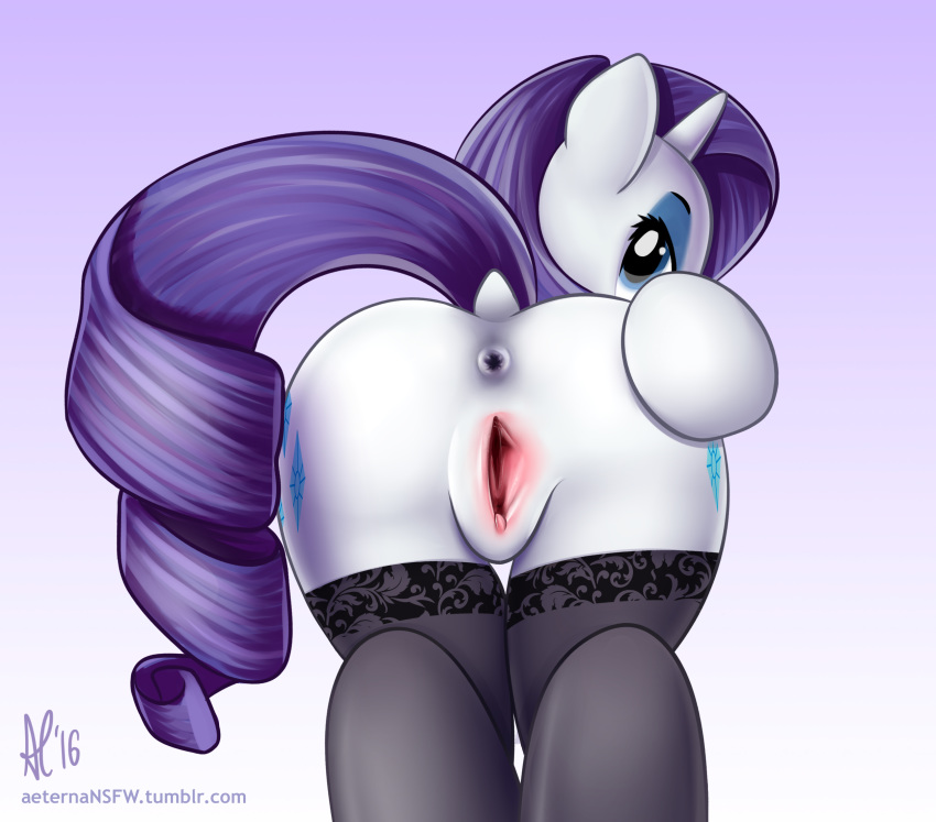 2016 aeterna anus ass black_legwear clitoris close-up cutie_mark equine female friendship_is_magic fur highres horn horse looking_at_viewer looking_back mammal my_little_pony pony presenting presenting_hindquarters purple_hair pussy pussy_juice raised_tail rarity_(mlp) rear_view simple_background solo spread_pussy spreading straight_hair thighhighs unicorn unicorn_horn