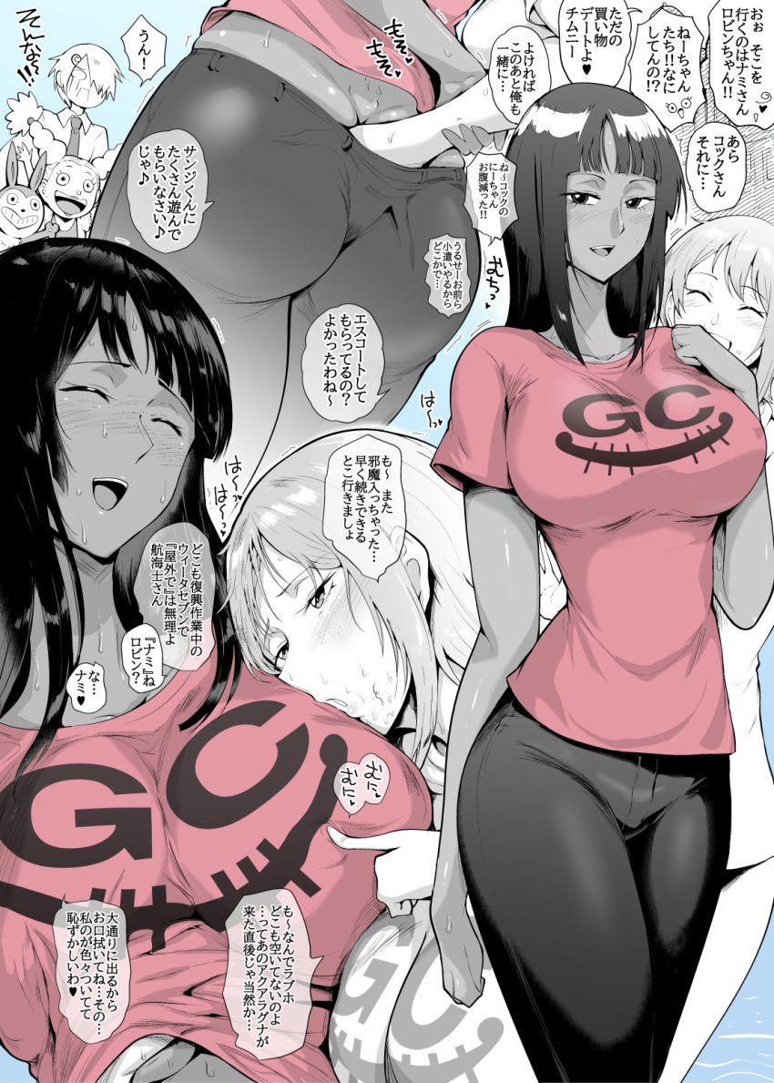 2girls ass ass ass_focus bare_arms bare_legs bare_shoulders bare_thighs big_ass big_breasts big_butt black_hair clothed clothing color female female_focus female_only hand_on_butt hi_res japanese_text large_breasts light-skinned_female light_skin long_hair nami nami_(one_piece) nico_robin one_piece sagattoru tagme text text_bubble thick_thighs