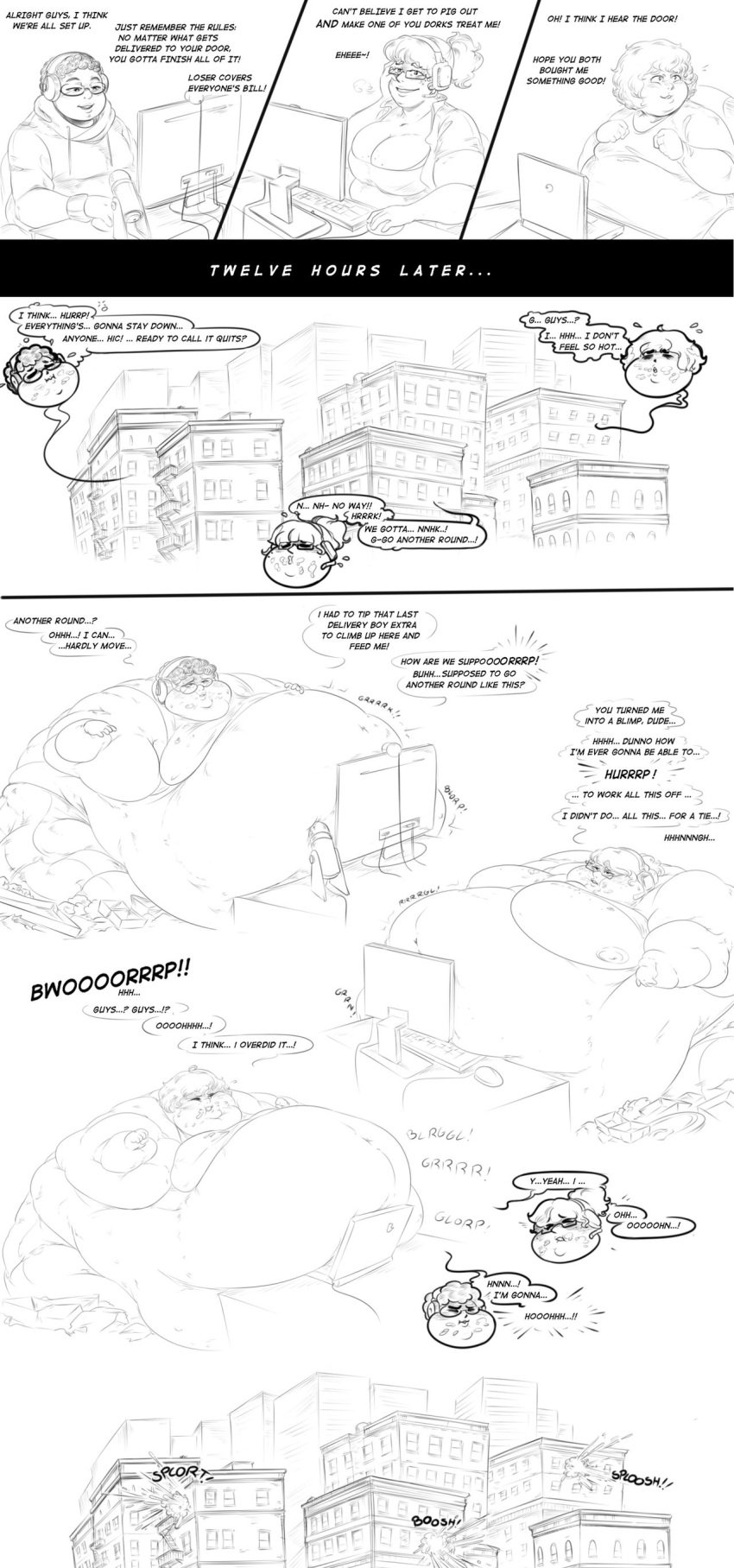 ambiguous_gender bursting_belly comic comic_strip contest dialogue donutbronut eating_contest fat_face gamer gigantic_belly huge_belly immobile onomatopoeia slob ssbbw tagme weight_gain