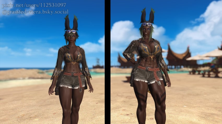 3d abs athletic_female beach beachwear before_and_after big_breasts big_thighs black_hair bunny_ears bunnygirl dark-skinned_female dark_skin final_fantasy final_fantasy_xiv gpose(ffxiv) grassfed_viera green_highlights grin looking_at_viewer markings oc outdoors shorts sunglasses sunglasses_on_head swimwear tattoos viera watermark