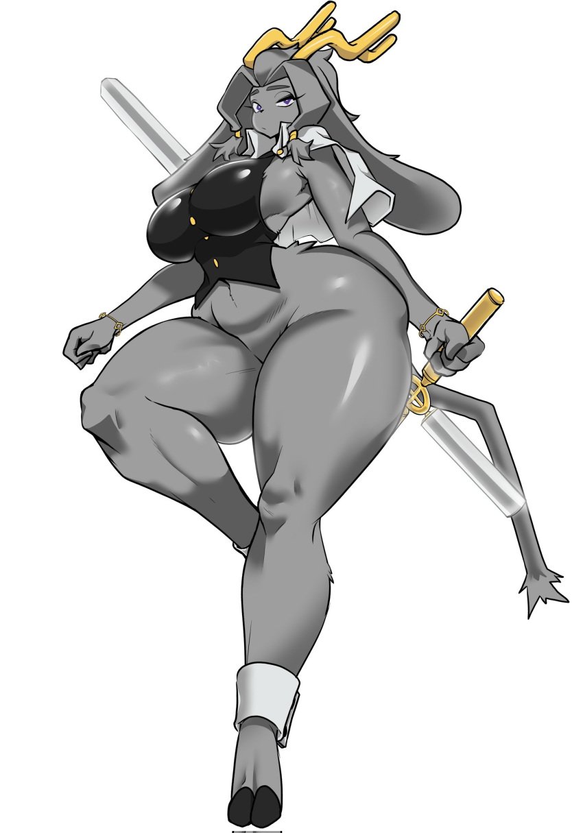 2024 2_horns anthro antlers big_breasts bottomless bracelet breasts clothed clothing eyebrows eyelashes female floppy_ears fur grey_body grey_fur half-closed_eyes hi_res holding_melee_weapon holding_object holding_sword holding_weapon horn jackalope jewelry lagomorph long_ears looking_at_viewer mammal melee_weapon narrowed_eyes pseudoregalia shark-py simple_background solo standing sword sybil_(pseudoregalia) thick_thighs topwear vest weapon white_background wide_hips