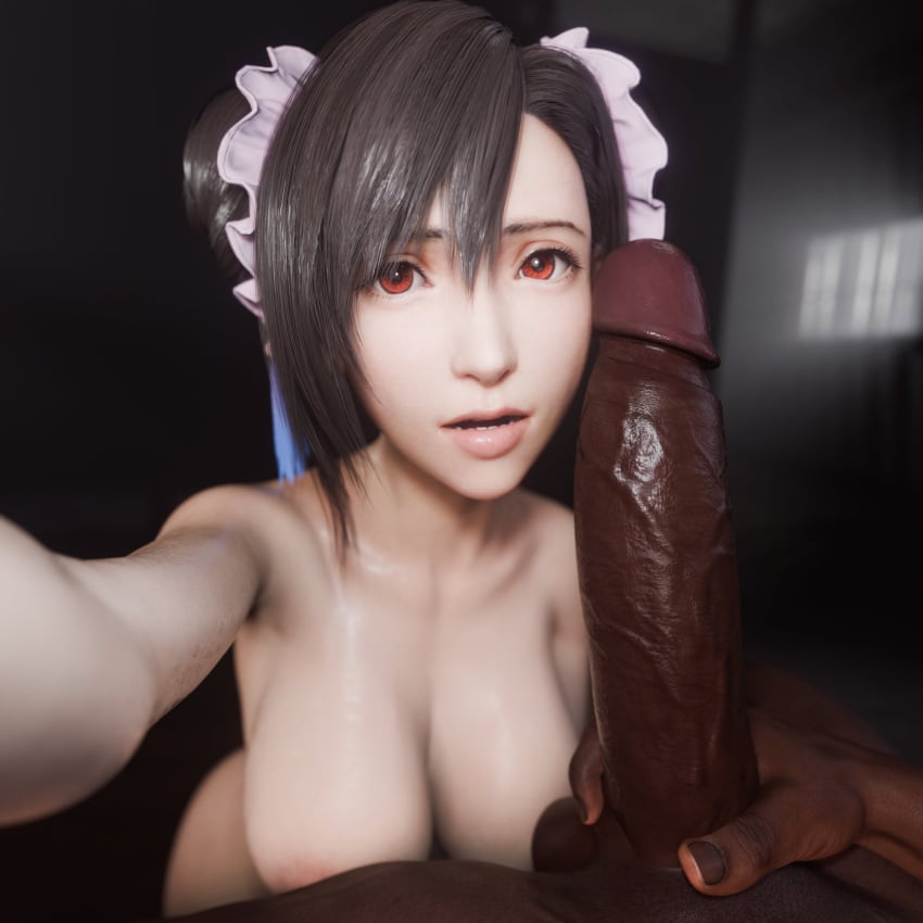 1boy 1girls 2025 3d balls black_hair black_penis breasts dark-skinned_male dark_hair dark_skin derpderp final_fantasy_vii final_fantasy_vii_remake hair_buns hair_ribbon hi_res highres huge_breasts huge_cock imminent_oral interracial light-skinned_female light_skin looking_at_viewer nude_female nude_male penis red_eyes selfie testicles tifa_lockhart veiny_penis