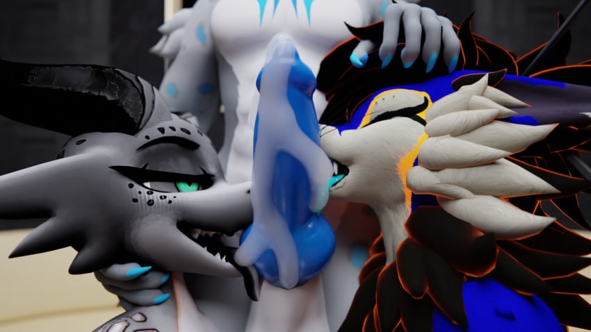 3d anthro blender_(artwork) bodily_fluids cum digital_media_(artwork) female genital_fluids genitals group hi_res knot kobold licking male male/female male/male open_mouth oral penile penis penis_lick rexouium scalie sex tongue tongue_out trio waggan