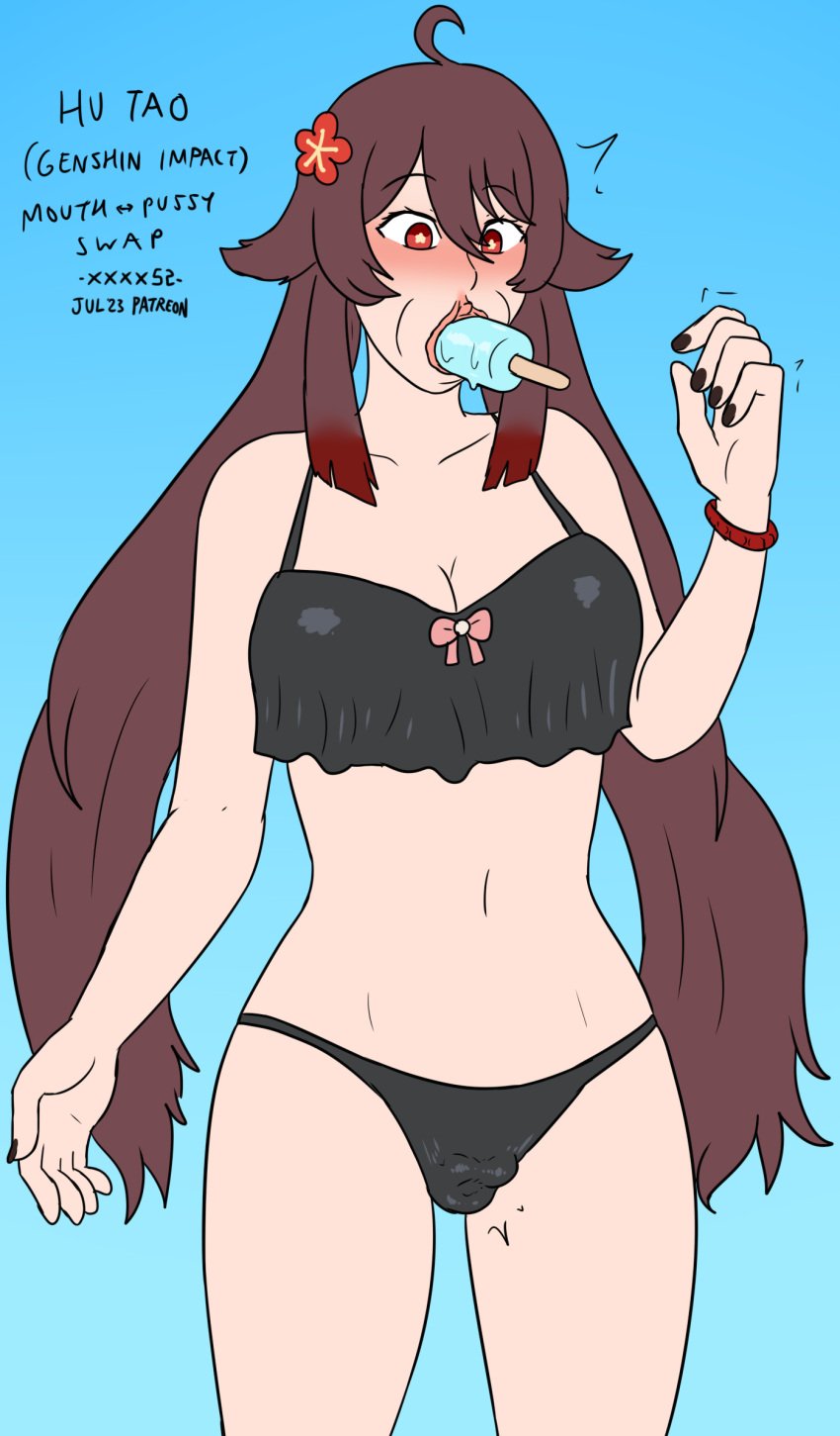 ? bikini black_nails body_modification brown_hair confused food_insertion food_play genshin_impact hu_tao_(genshin_impact) mouth_pussy popsicle popsicle_in_mouth popsicle_in_pussy popsicle_insertion pussy pussy_mouth red_eyes transformation uncensored unusual_genitalia_placement unusual_pussy_placement vaginal_insertion what xxxx52