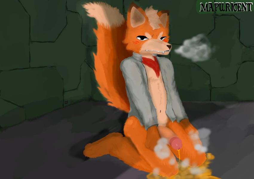 absurd_res angry anthro blush bodily_fluids canid canine canis clothing fangs fox fox_mccloud genital_fluids genitals hi_res male mammal mapuricent nintendo peeing penis solo star_fox steam tail teeth urine watersports