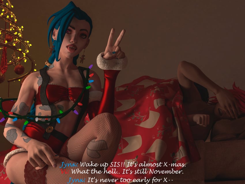 2girls 3d alcaudonart arcane arcane_jinx arcane_vi blue_hair christmas christmas_outfit detached_sleeves english_text fishnet_legwear fishnet_stockings fishnets flat_chest jinx_(league_of_legends) league_of_legends low_twin_braids pink_eyes pink_hair red_shorts red_tubetop single_detached_sleeve sisters subtitled suspender_shorts suspenders tattoo thighhighs tongue tongue_out tubetop twin_braids v_sign vi_(league_of_legends) waking_up