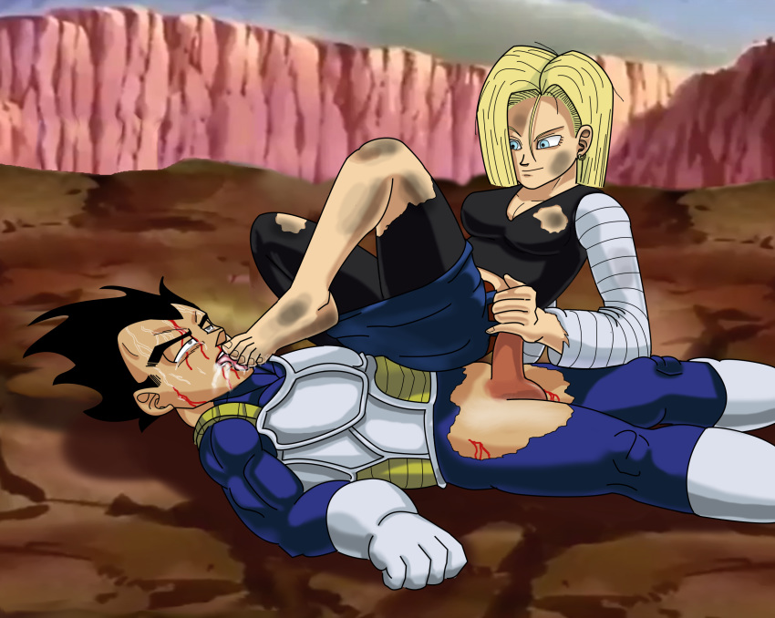 android_18 balls barefoot black_hair blonde_hair blood blue_eyes breasts cleavage clothes defeated dragon_ball dragon_ball_z duo feet female femdom foot_fetish foot_lick handjob hi_res highres humiliation large_breasts male outdoors penis smile spiked_hair straight toes torn_clothes vegeta