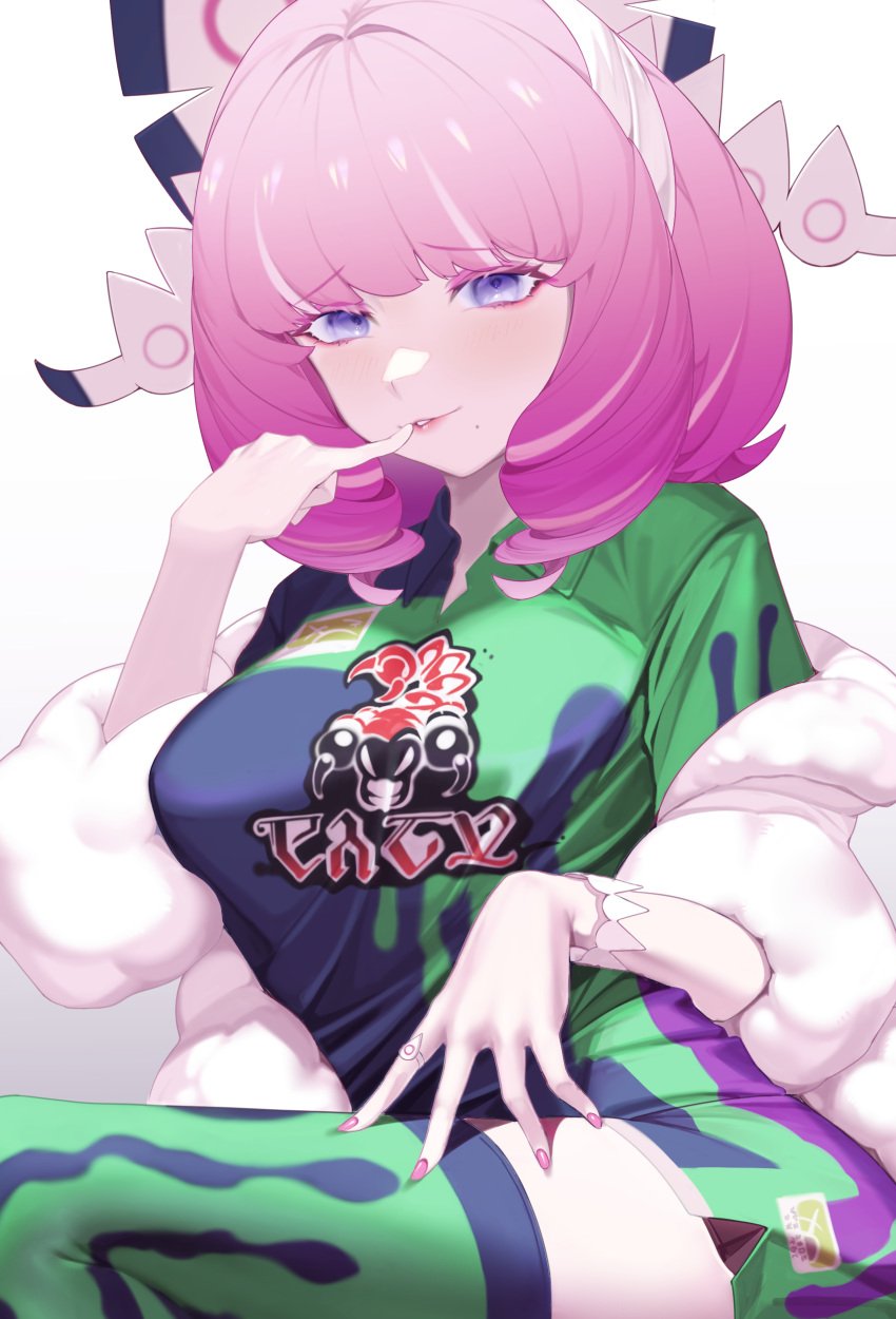1girls absurdres blue_shirt blush bow breasts coat collared_shirt drill_hair eyelashes female female_focus finger_to_mouth fur_coat green_shirt green_thighhighs hair_ornament hairband hairbow highres jewelry klara_(pokemon) komadera lips looking_at_viewer medium_breasts medium_hair mole mole_under_mouth multicolored_shirt nail_polish nintendo off_shoulder pink_hair pink_nails pinky_out pinky_to_mouth pokemon pokemon_ss purple_eyes purple_shirt ring shirt side_drill simple_background smile solo thighhighs thighs twin_drills white_background white_coat wrist_cuffs zettai_ryouiki