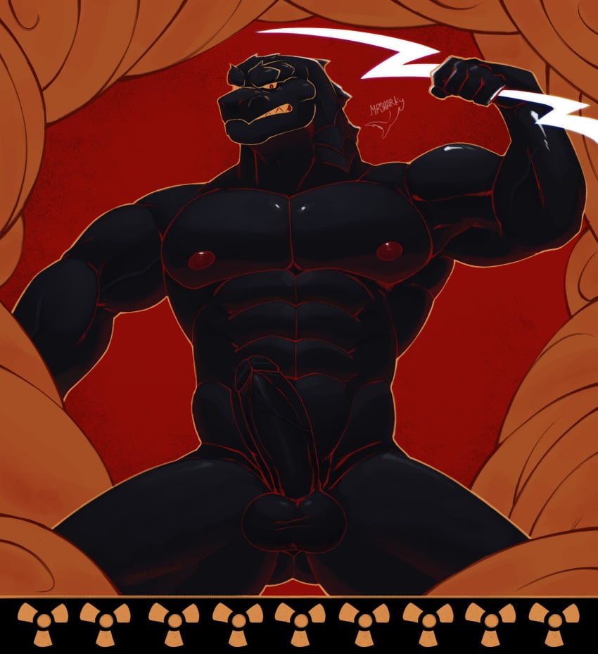 abs absurd_res anthro balls casual_erection casual_nudity electricity erection genitals godzilla godzilla_(series) hi_res humanoid_genitalia humanoid_hands humanoid_penis kaiju lightning_bolt looking_at_viewer male mr_sharky muscular muscular_anthro muscular_male mythological_creature mythological_scalie mythology nipples non-mammal_balls non-mammal_nipples nude pecs penis reptile scalie solo spikes spikes_(anatomy) tail toho zeuszilla